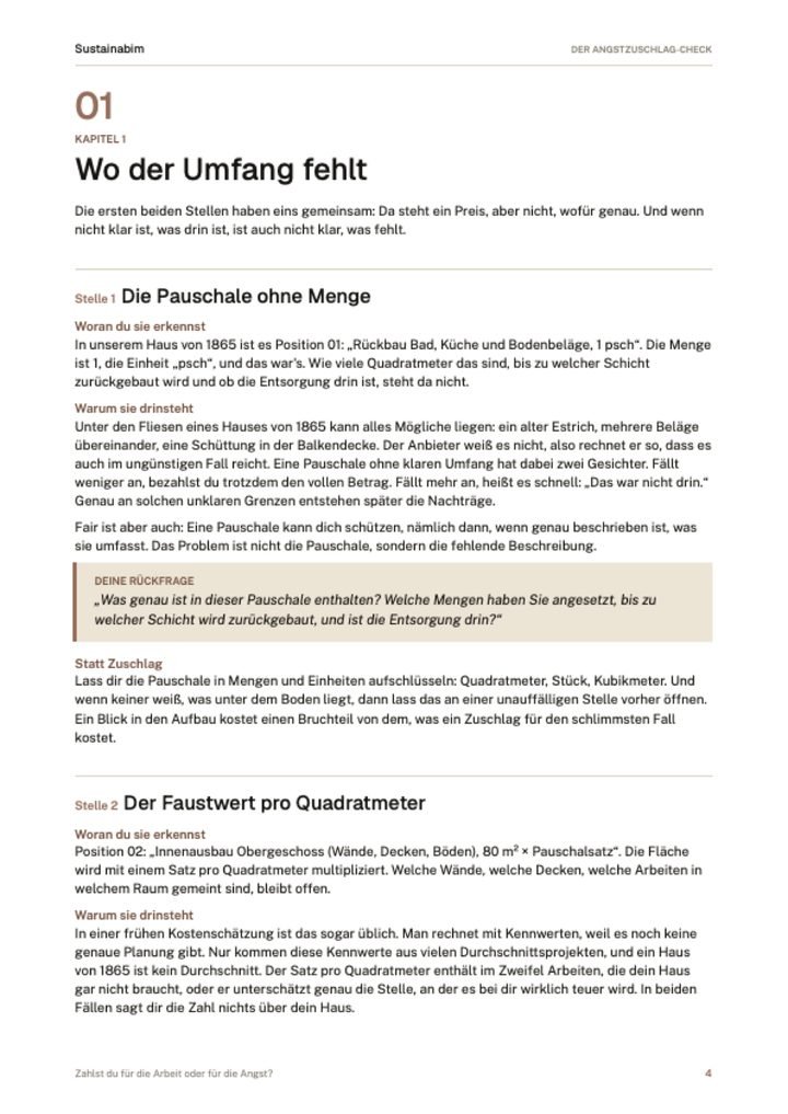 Seite 4 des E-Books: Kapitel 1 „Wo der Umfang fehlt“ mit Stelle 1, der Pauschale ohne Menge — woran Sie sie erkennen, warum sie drinsteht, die Rückfrage und was Sie statt des Zuschlags verlangen