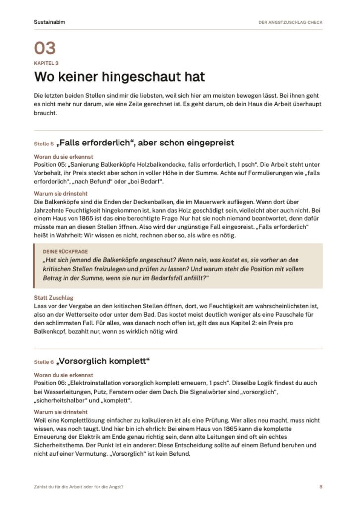 Seite 8 des E-Books: Kapitel 3 „Wo keiner hingeschaut hat“ mit Stelle 5, „falls erforderlich“, aber schon eingepreist — am Beispiel der Balkenköpfe einer Holzbalkendecke