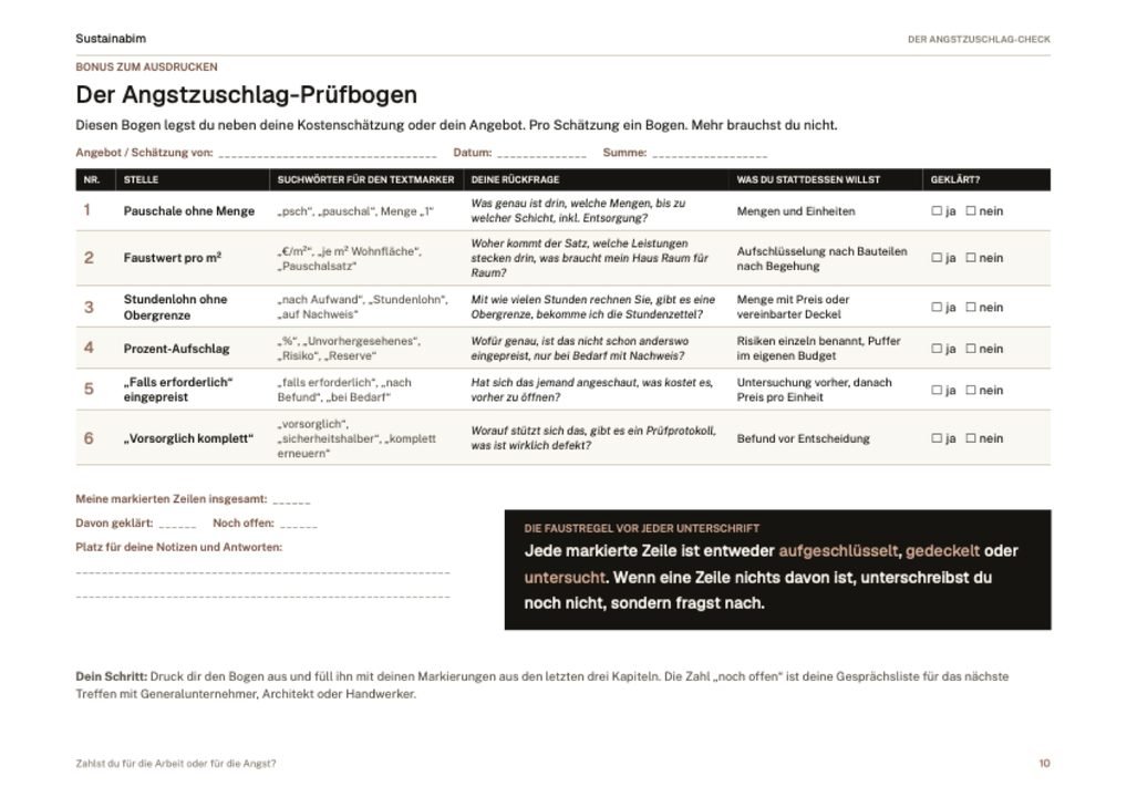 Seite 10 des E-Books: der Angstzuschlag-Prüfbogen zum Ausdrucken — sechs Zeilen mit Stelle, Suchwörtern für den Textmarker, Rückfrage, was Sie stattdessen wollen, und einem Kästchen „geklärt?“