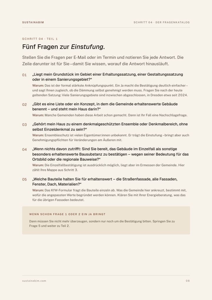 Seite 8 des Leitfadens: Fragenkatalog Teil 1 mit fünf Fragen an die Gemeinde zur Einstufung