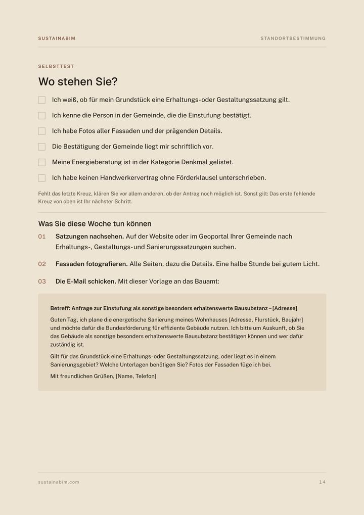 Seite 14 des Leitfadens: Selbsttest „Wo stehen Sie?“ zum Ankreuzen und E-Mail-Vorlage für die Anfrage an das Bauamt