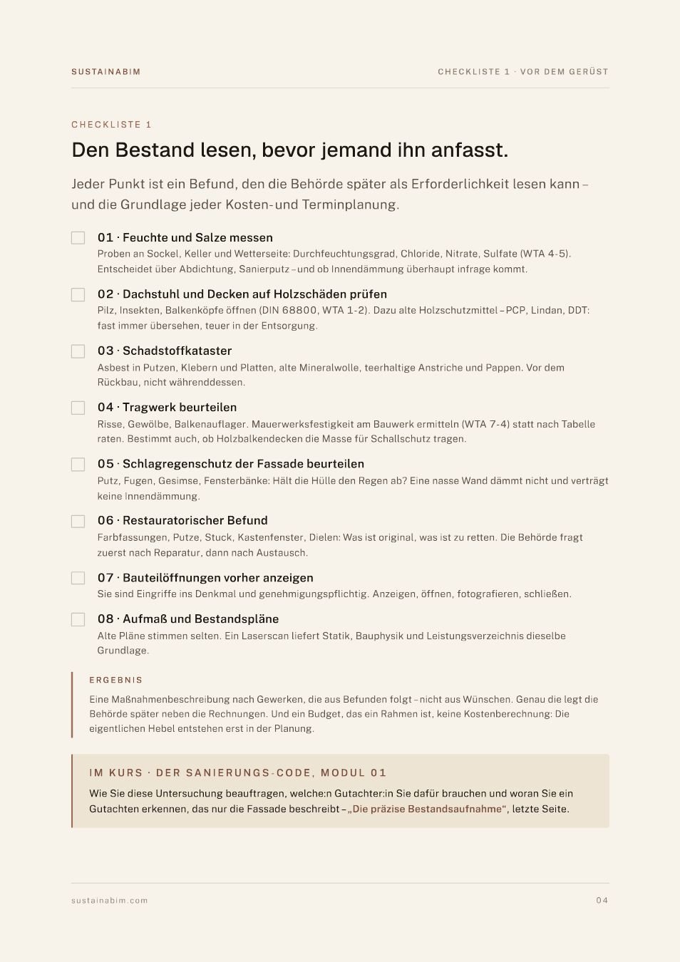 Seite 4 der Checkliste: Checkliste 1 mit acht Untersuchungen vor dem Gerüst, von Feuchte und Salzen bis zu Aufmaß und Bestandsplänen, und dem Ergebnis: eine Maßnahmenbeschreibung, die aus Befunden folgt