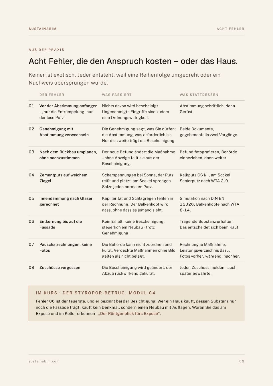 Seite 9 der Checkliste: acht Fehler aus der Praxis in drei Spalten — der Fehler, was passiert, was stattdessen