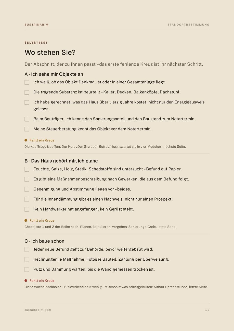 Seite 12 der Checkliste: Selbsttest „Wo stehen Sie?“ mit drei Abschnitten — Objekte ansehen, planen, bauen — und dem nächsten Schritt je fehlendem Kreuz