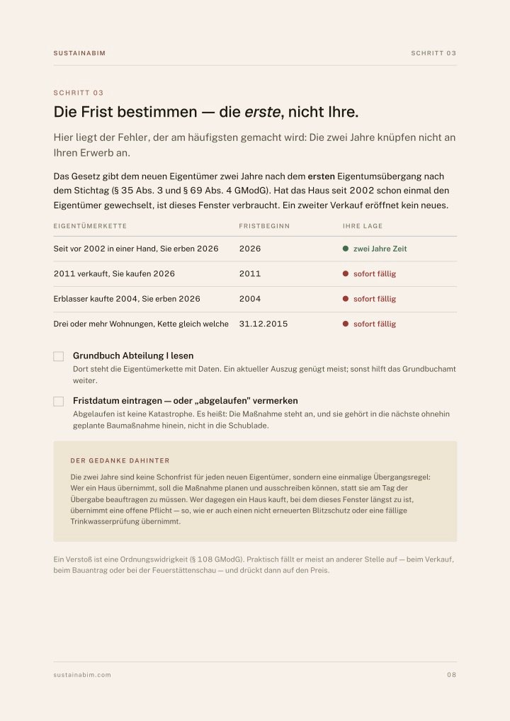 Seite 8 des Leitfadens: Tabelle zur Frist je nach Eigentümerkette seit 2002