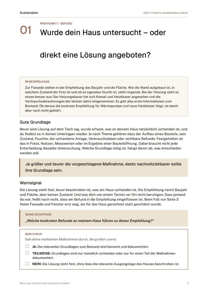 Seite 7 des Leitfadens: Prüfpunkt 1, Befund — im Beispielhaus, gute Grundlage, Warnsignal, Rückfrage und Check mit Ja, Teilweise, Nein