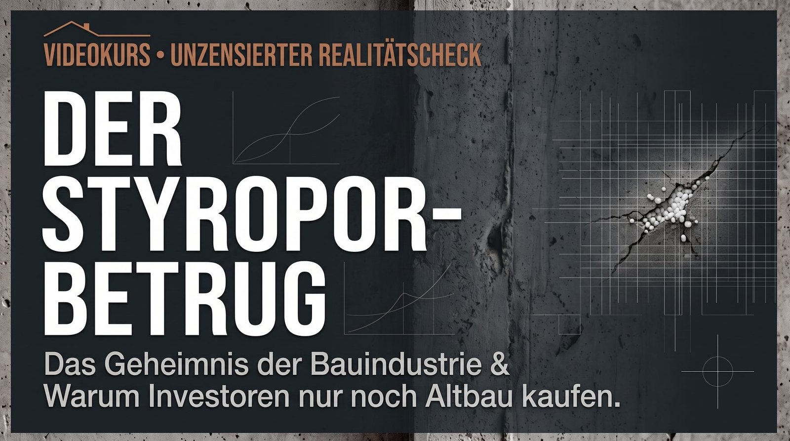 Kurstitel „Der Styropor-Betrug“ vor einer gerissenen Betonwand, aus der Styropor-Kügelchen quellen