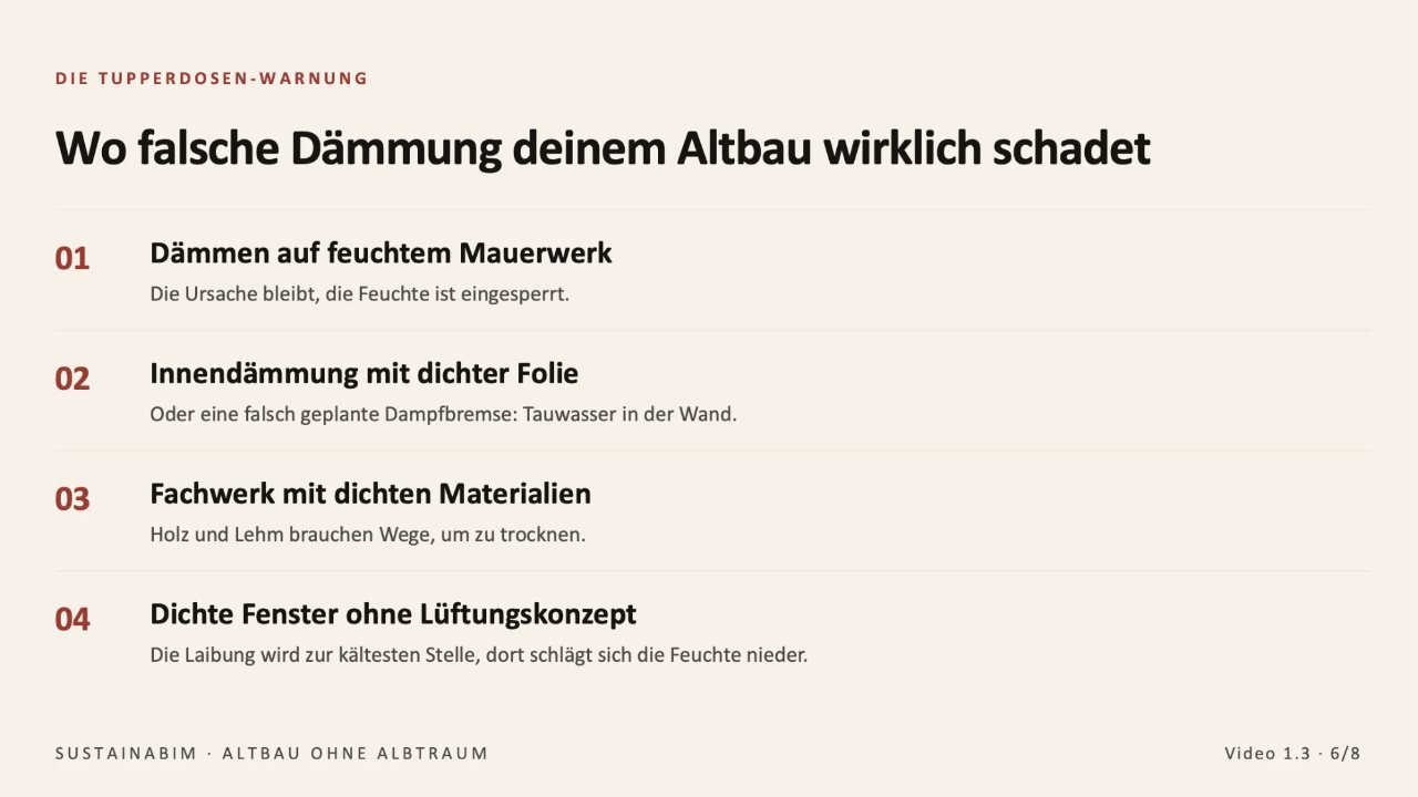 Folie aus Video 1.3, die Tupperdosen-Warnung: Wo falsche Dämmung dem Altbau wirklich schadet — Dämmen auf feuchtem Mauerwerk, Innendämmung mit dichter Folie, Fachwerk mit dichten Materialien, dichte Fenster ohne Lüftungskonzept.