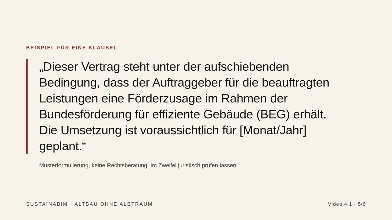 Folie aus Video 4.1: Beispiel für eine Klausel — der Vertrag steht unter der aufschiebenden Bedingung einer Förderzusage der Bundesförderung für effiziente Gebäude.
