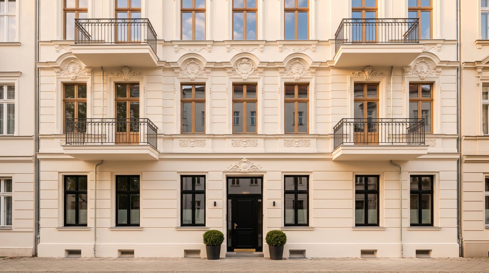 Sanierte Gründerzeitfassade: cremefarbener Putz, restaurierte Balkone, neue Fenster