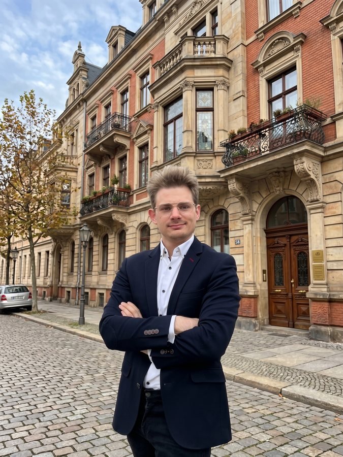 Thomas Tergan, Inhaber von Sustainabim, vor einer Gründerzeitfassade