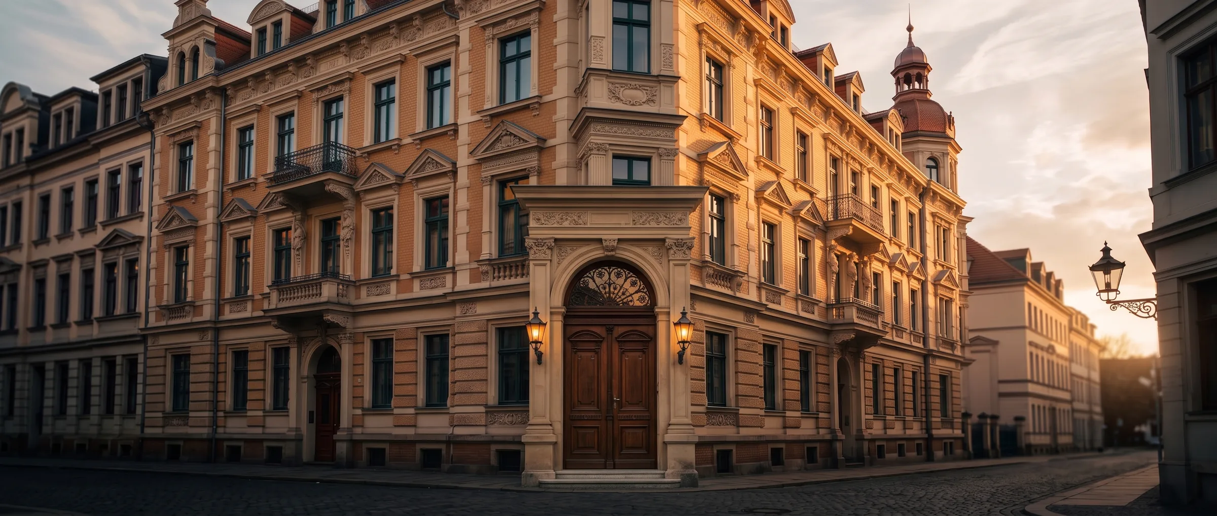 Sanierte Gründerzeit-Eckfassade im Abendlicht mit restaurierter historischer Eingangstür