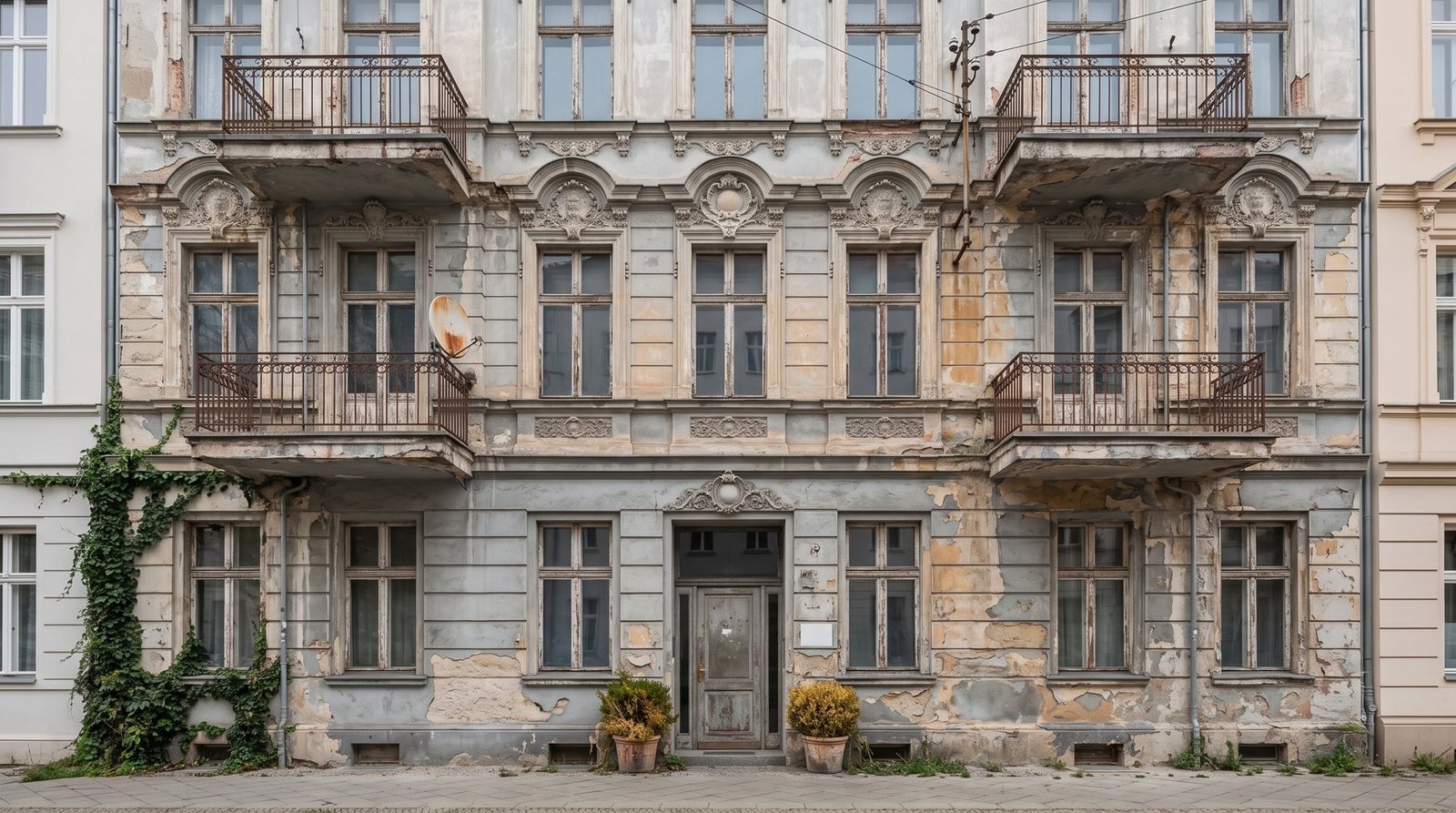 Dieselbe Fassade vor der Sanierung: abblätternder Putz, marode Balkone, verwitterte Fenster